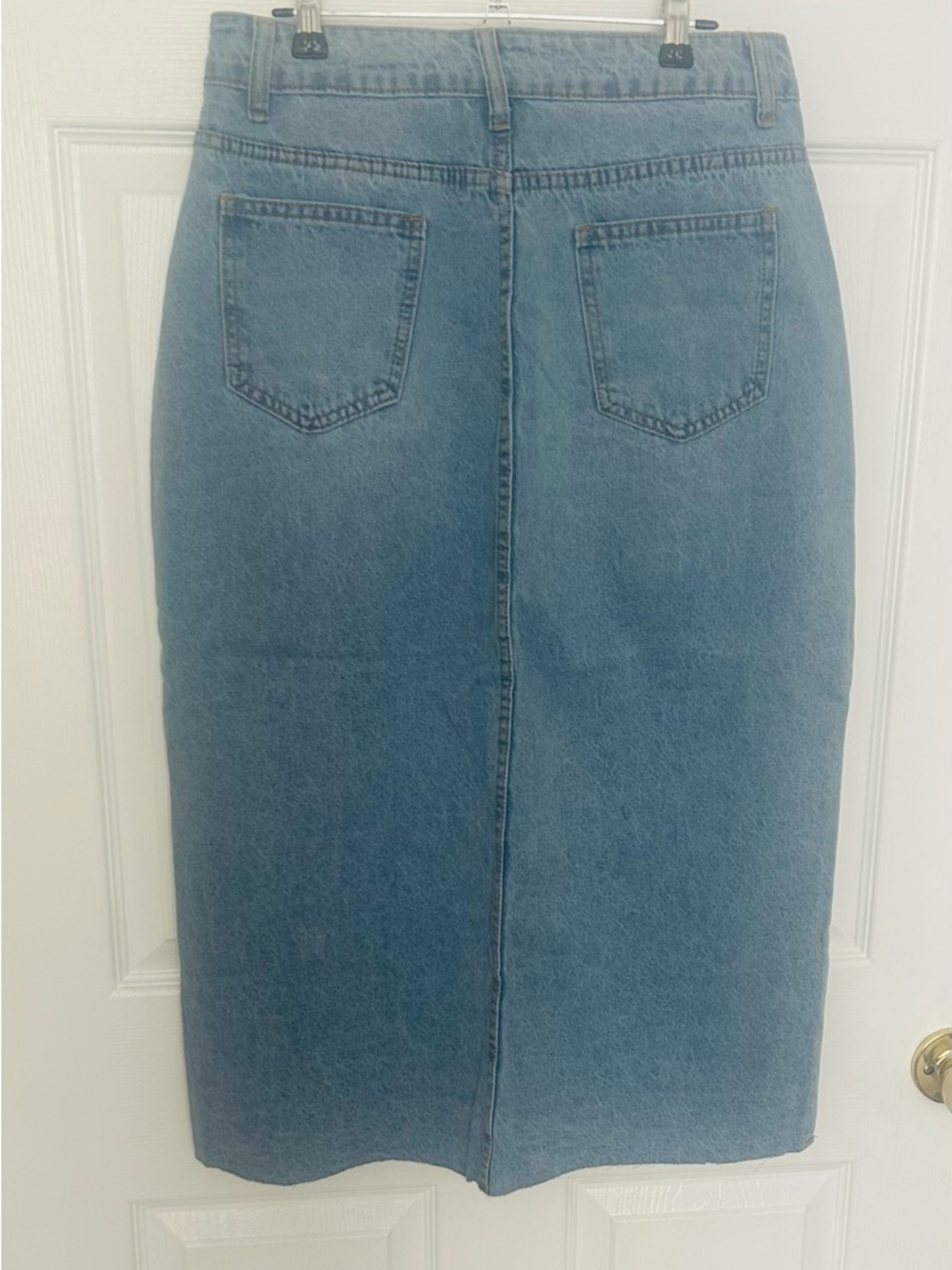 Light Blue High-Rise Denim Midi Skirt with Front Slit - Women Jeans - Picture 3 of 5